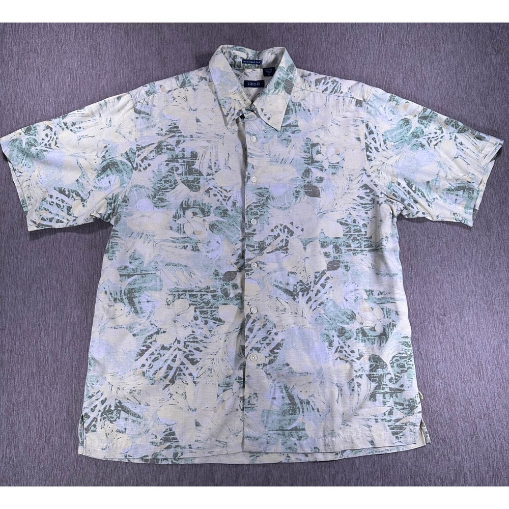 IZOD Mens XL Washable Silk Tropical Floral Button Down Shirt Sage Green 1784 U97